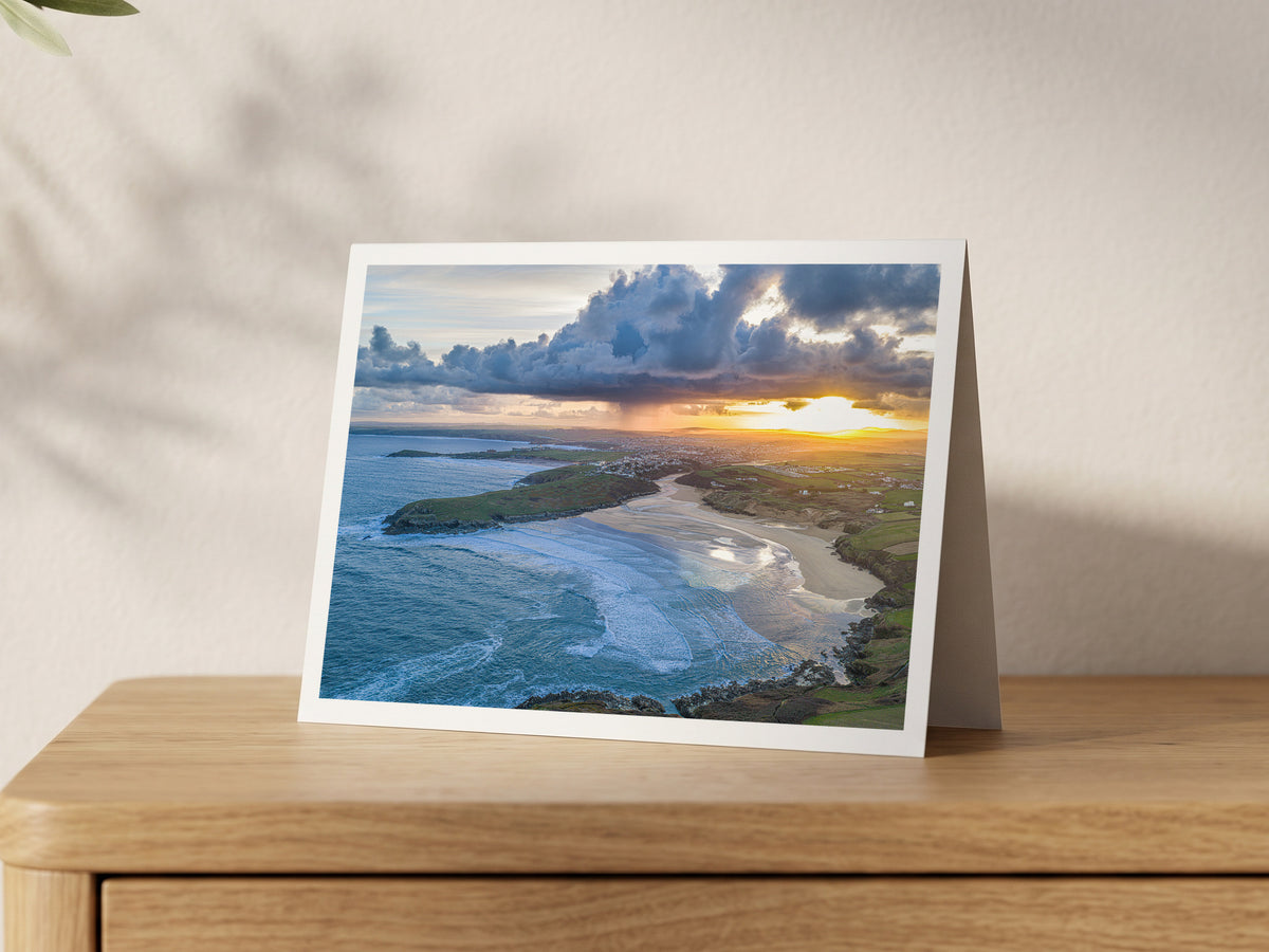 Premium A5 greeting card showing Crantock Beach and the Gannel Estuary under a towering shower cloud, looking north to Newquay