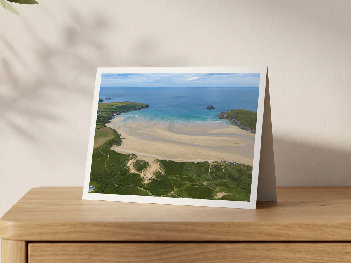 Premium A5 greeting card showing the dunes and wide sandy beach of Crantock Bay opening to blue Atlantic water