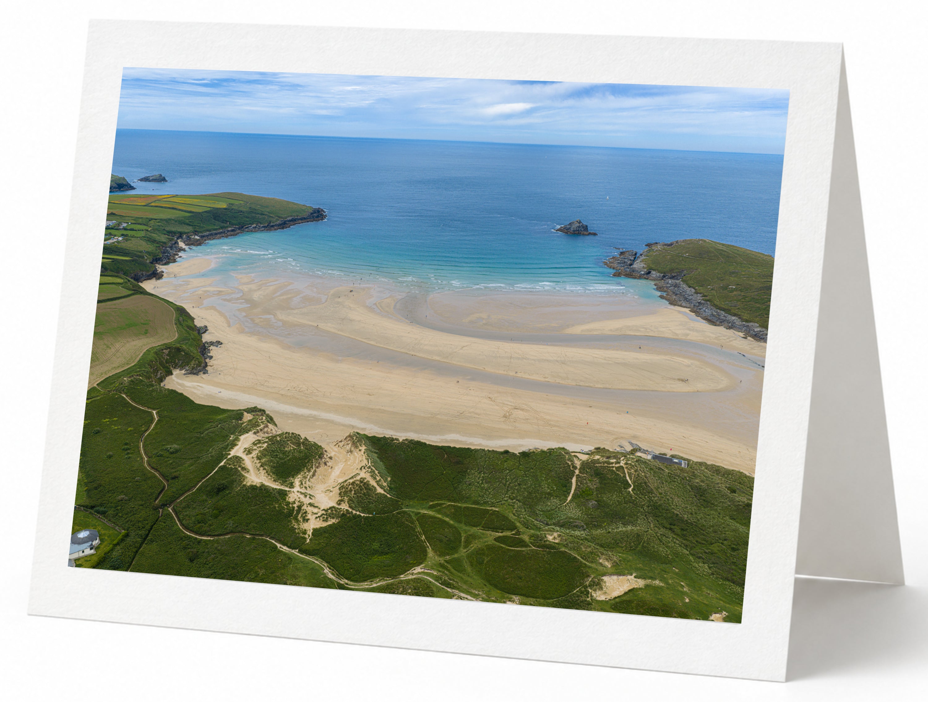 Premium A5 greeting card showing low-tide sands and turquoise water at Crantock Bay