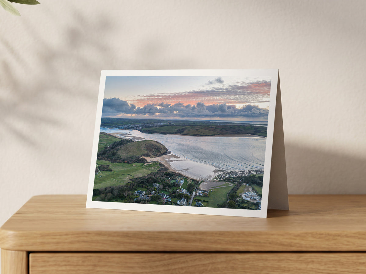 Premium A5 greeting card showing Daymer Bay and the Camel Estuary towards Padstow under sunset cloud