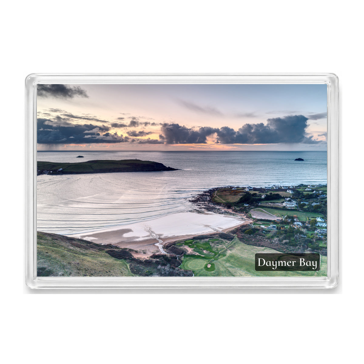 Daymer Bay fridge magnet showing dark rain clouds and an orange sunset over the Atlantic with Stepper Point beyond