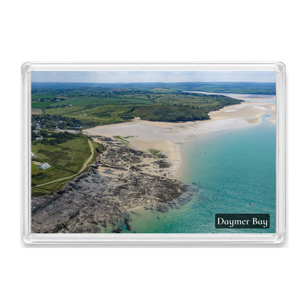 Daymer Bay fridge magnet showing turquoise water and sandbanks at low tide with St Enodoc Church in the background