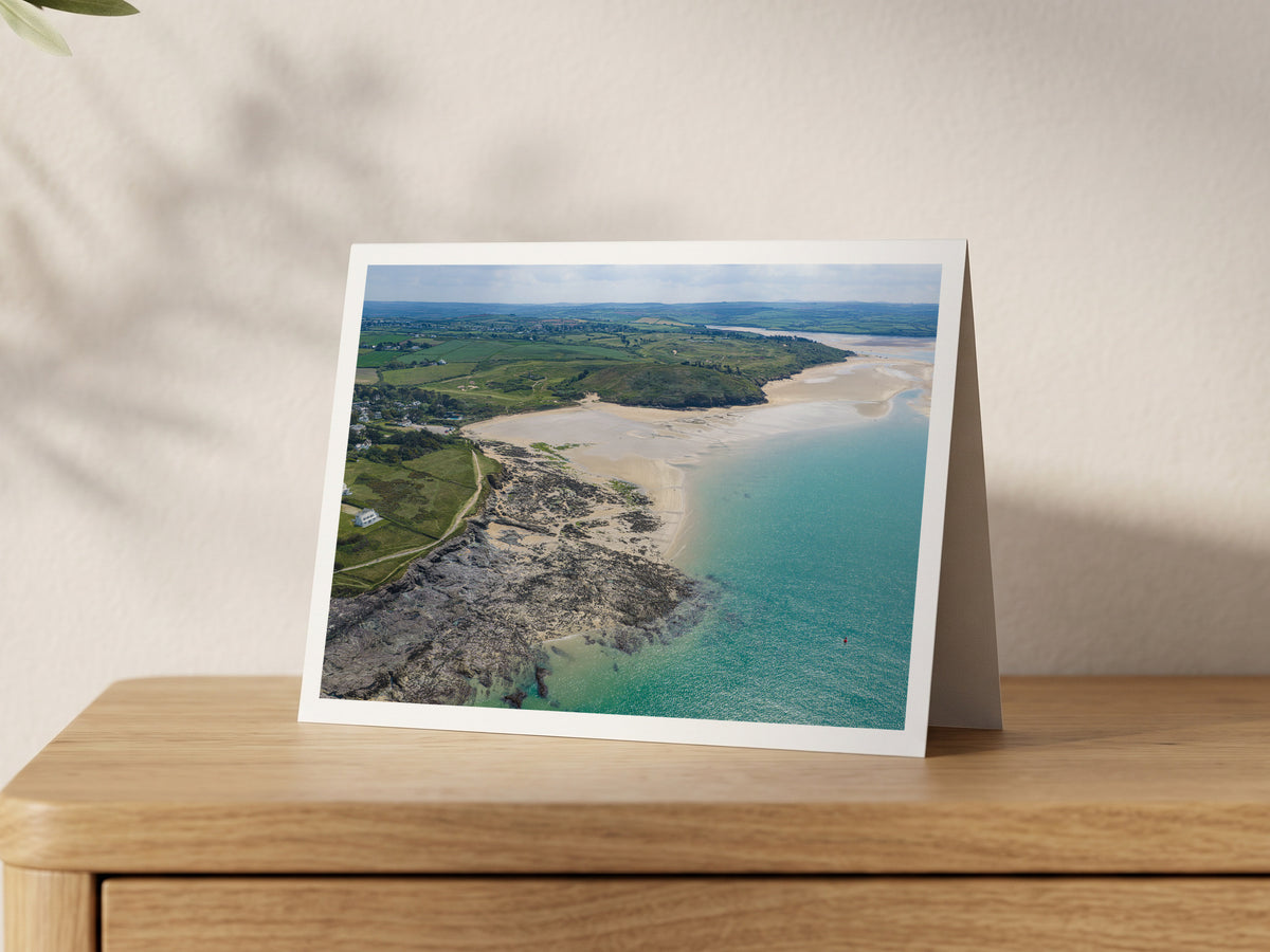 Premium A5 greeting card showing turquoise water and sandbanks at Daymer Bay at low tide
