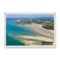 Daymer Bay fridge magnet showing the Doom Bar sandbar at low tide with pale shallows, blue channels and Polzeath beyond