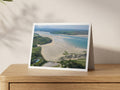 Premium A5 greeting card showing Daymer Bay sands and Camel Estuary channels towards Padstow