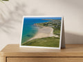 Premium A5 greeting card showing Daymer Bay at mid tide with Pentire Point and Polzeath beyond