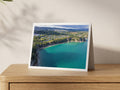 Premium A5 greeting card showing turquoise water at Duporth with St Austell and Sky Tip beyond