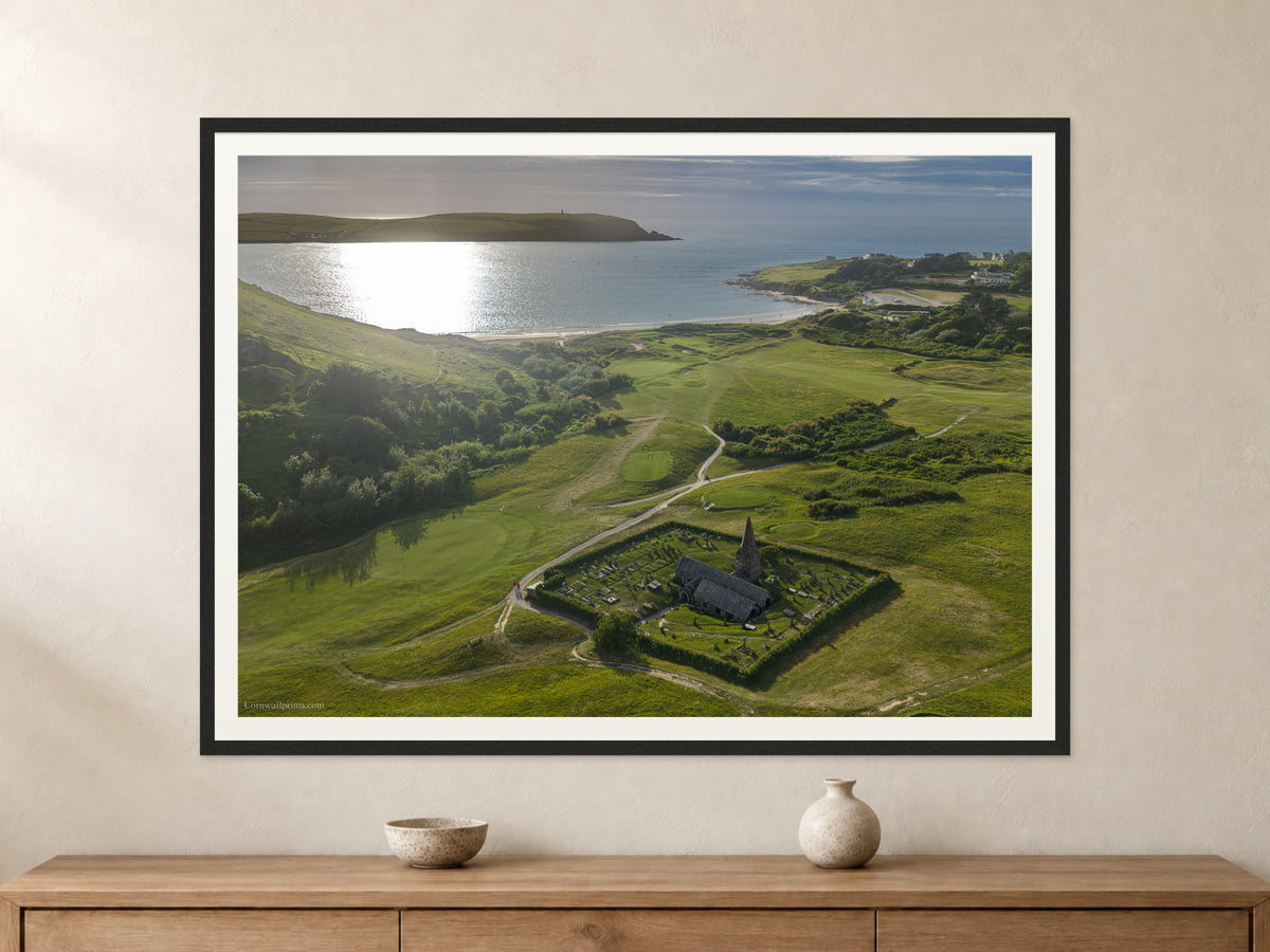 St Enodoc Church & the Camel Estuary — A0 framed, 22mm black stained frame and 35mm mount. Closer product view.