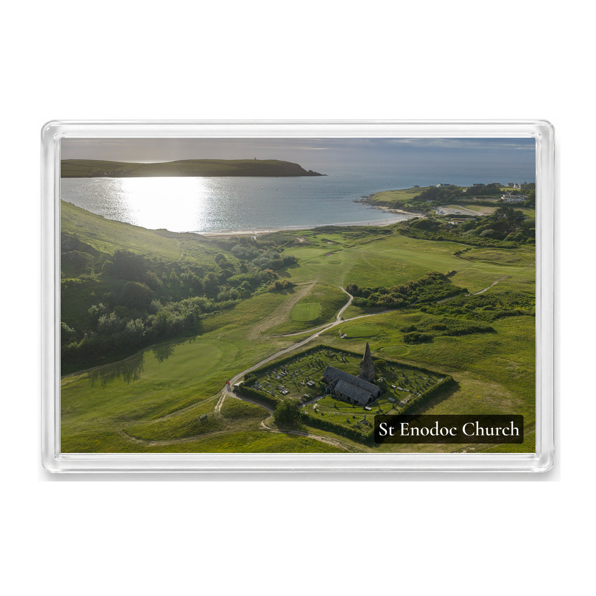 St Enodoc Church fridge magnet showing the church among the dunes with the Camel Estuary stretching away behind