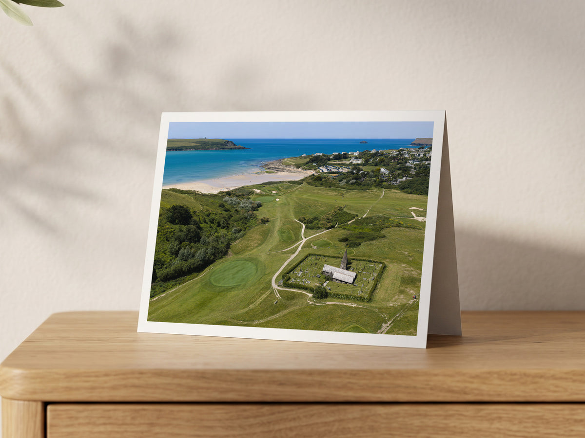 Premium A5 greeting card showing St Enodoc Church with Daymer Bay and the Atlantic beyond