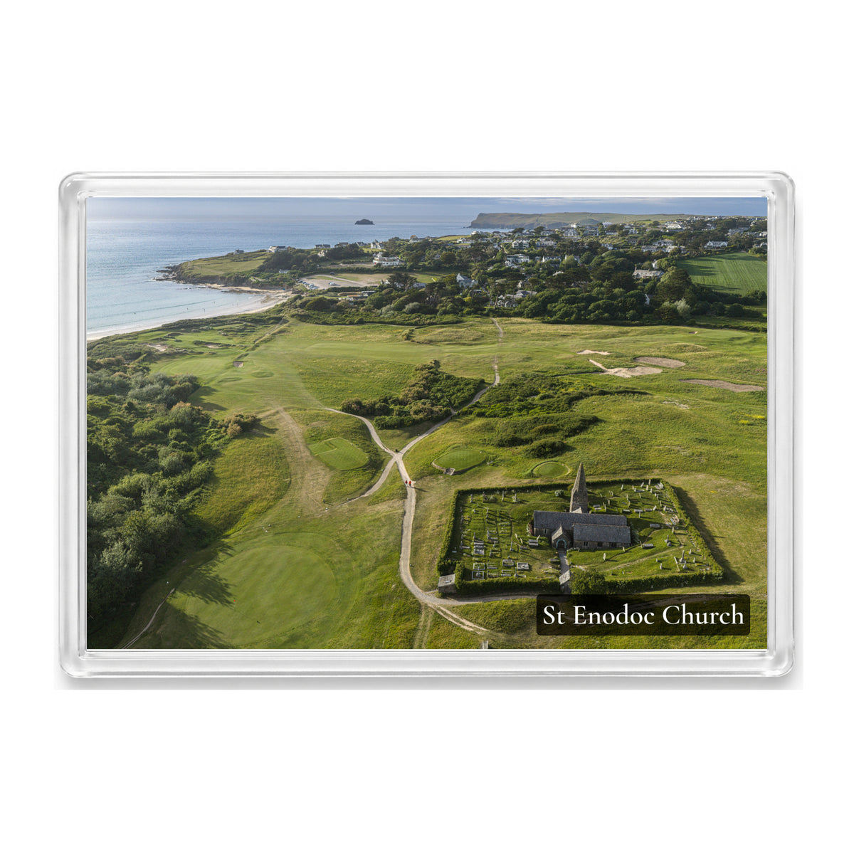St Enodoc Church fridge magnet showing the church among the dunes with Polzeath and Pentire Point beyond