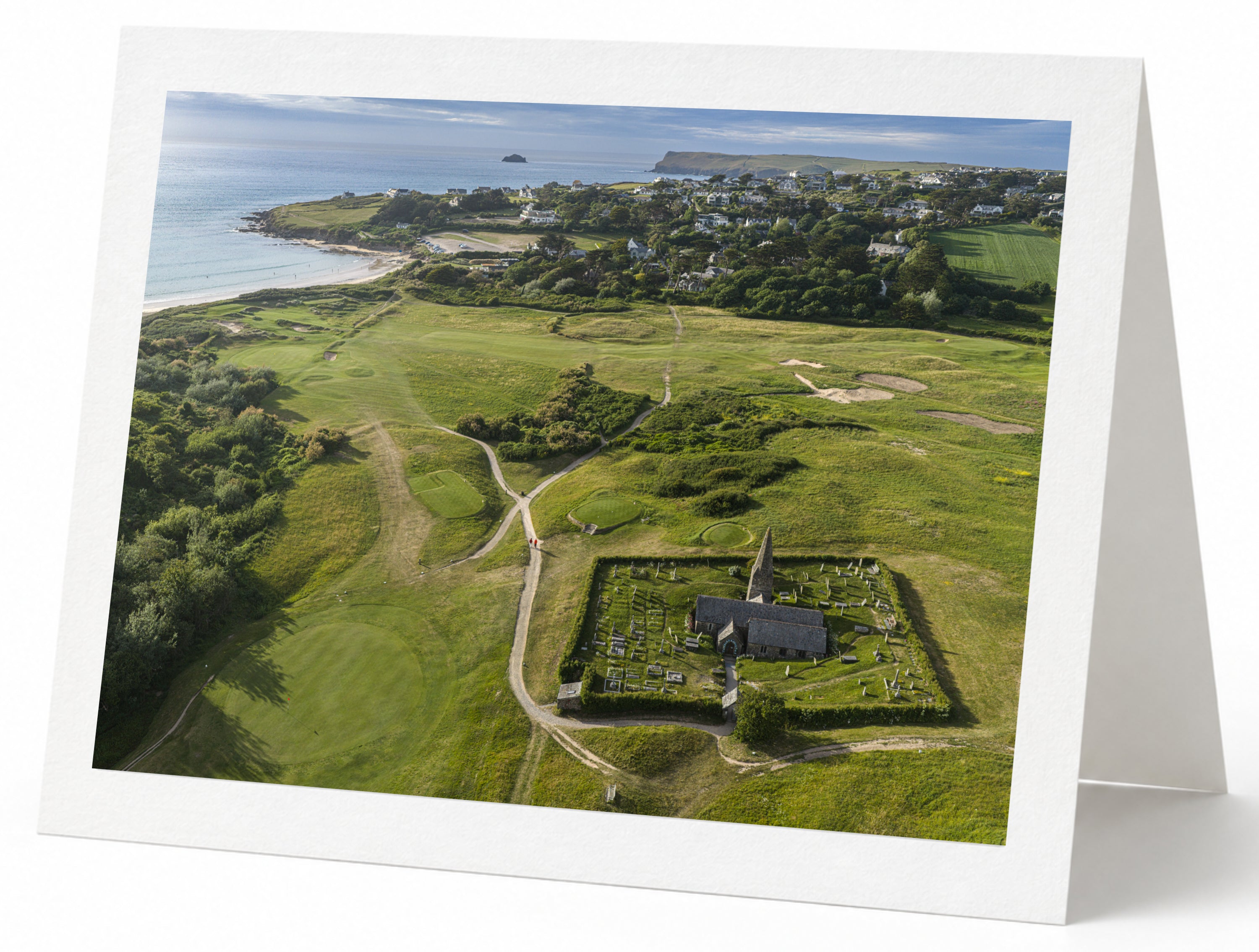 Premium A5 greeting card showing St Enodoc Church, Daymer Bay and Pentire Point