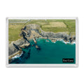 Fox Cove fridge magnet showing the narrow sandy cove between steep cliffs with clear pale blue water, seen head-on from the sea