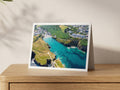 Premium A5 greeting card showing Port Gaverne cove with bright blue summer water