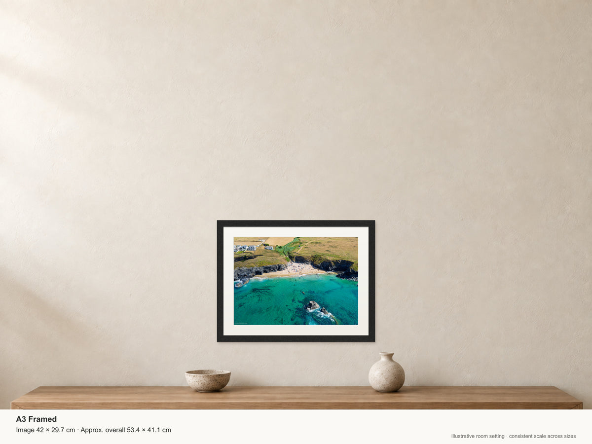 Golden Burn, Porthcothan — High Tide Summer Colour — A3 framed, 22mm black stained frame and 35mm mount. Illustrative room scale and dimensions.