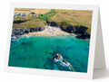 Premium A5 greeting card showing Golden Burn at Porthcothan Bay at high tide