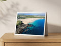 Premium A5 greeting card showing the east end of Harlyn Bay at low tide with calm turquoise water