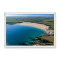 Harlyn Bay fridge magnet showing turquoise shallows, dark rocks and the long sweep of sand looking south-east across the bay