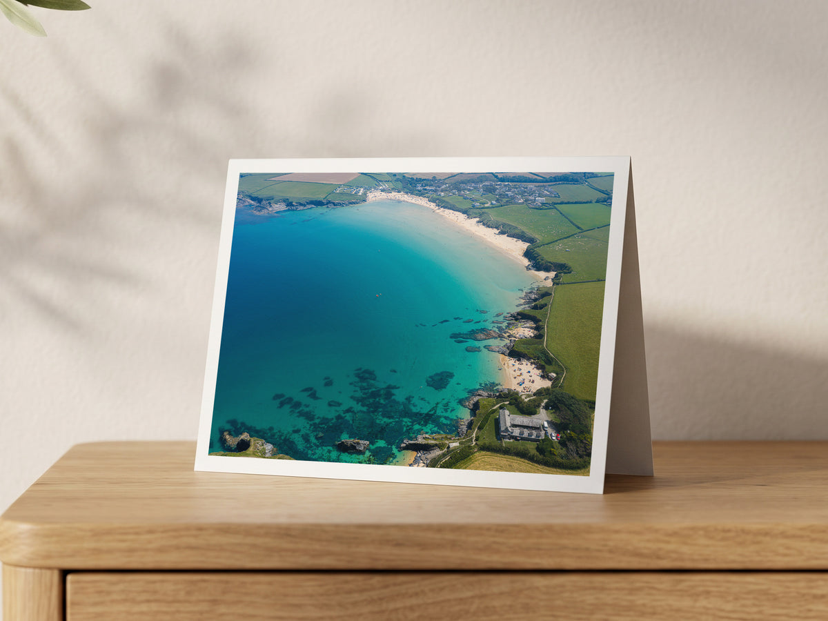 Premium A5 greeting card showing Harlyn Bay at high tide with turquoise water