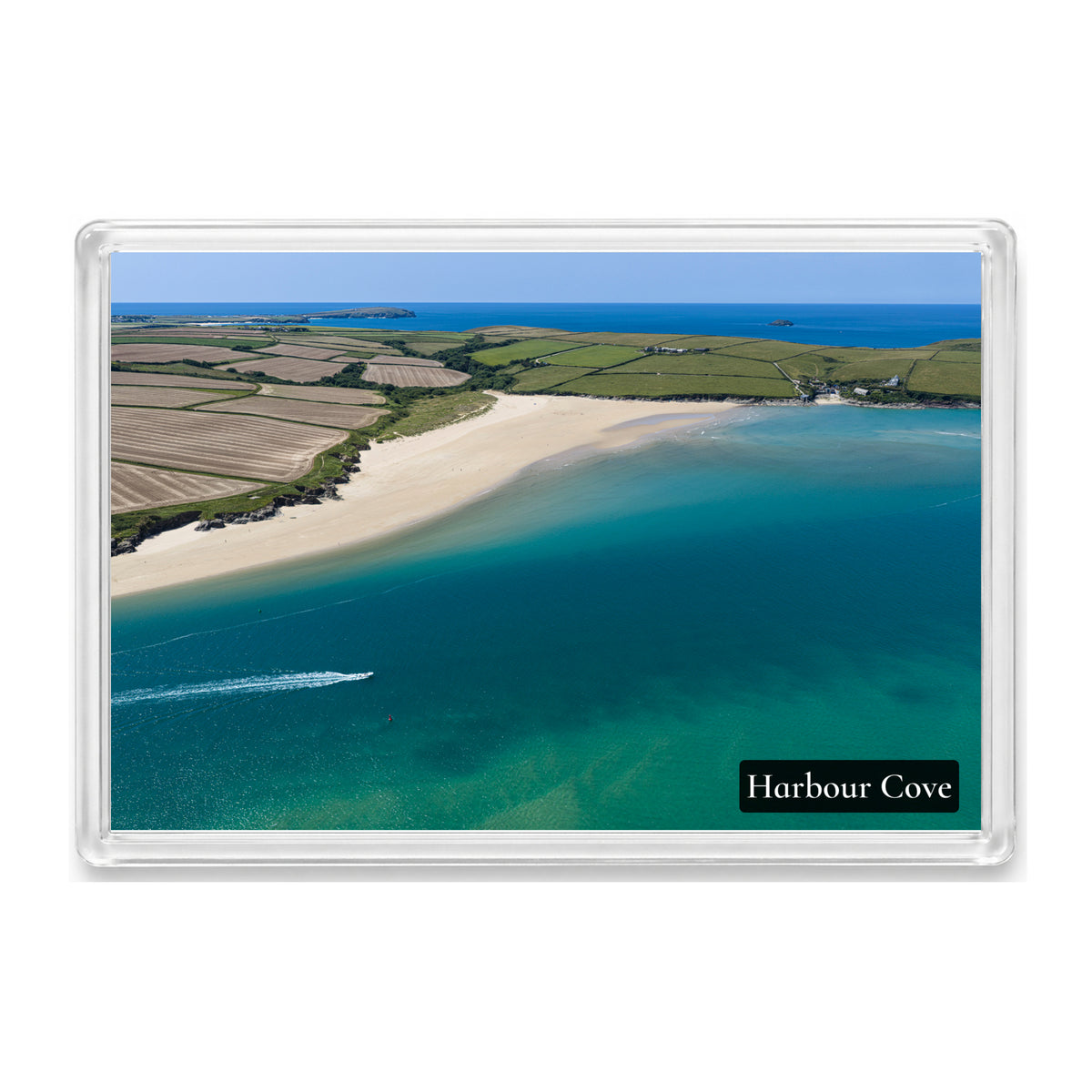 Harbour Cove fridge magnet showing colourful shallows and sand at Harbour Cove and Hawker’s Cove with Trevose Head beyond