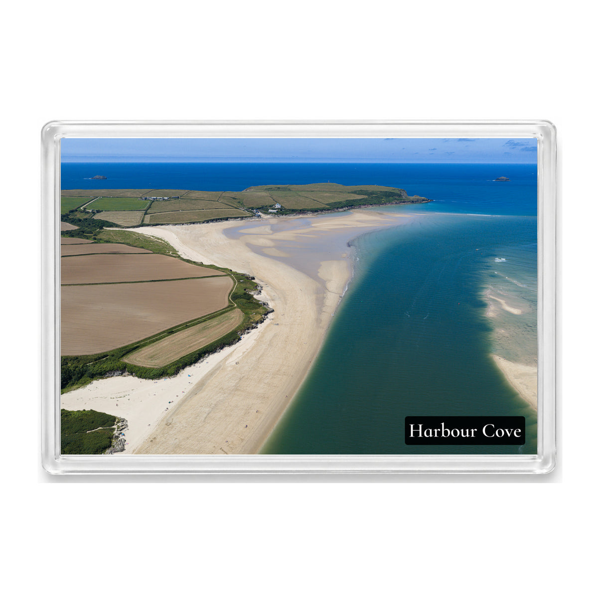 Harbour Cove fridge magnet showing the wide low-tide beach and Hawker’s Cove with the Camel Estuary opening to the Atlantic