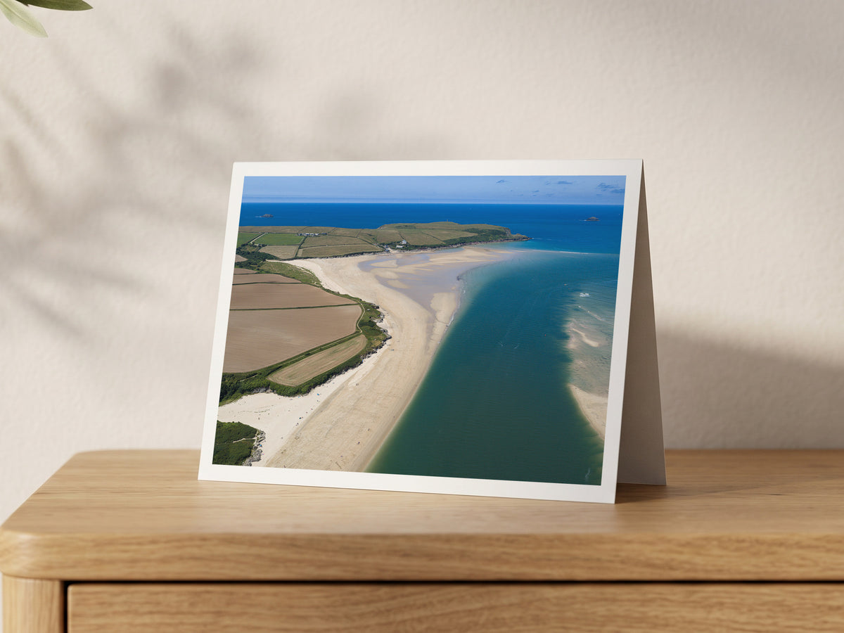 Premium A5 greeting card showing the wide low-tide sands of Harbour Cove at the mouth of the Camel Estuary