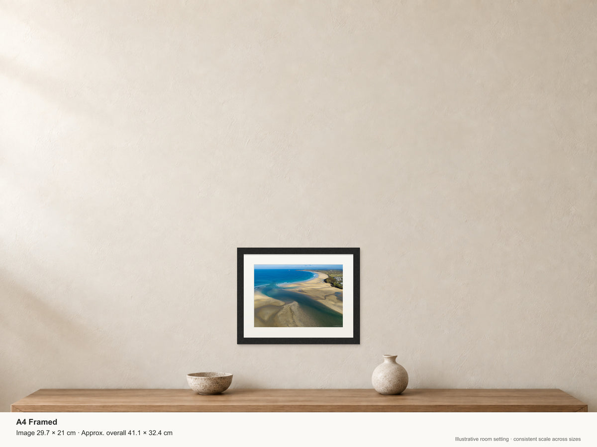 Hayle Estuary sandbanks and clean autumn surf towards Gwithian and Godrevy Lighthouse, A4 black frame and white mount, scale and dimensions view