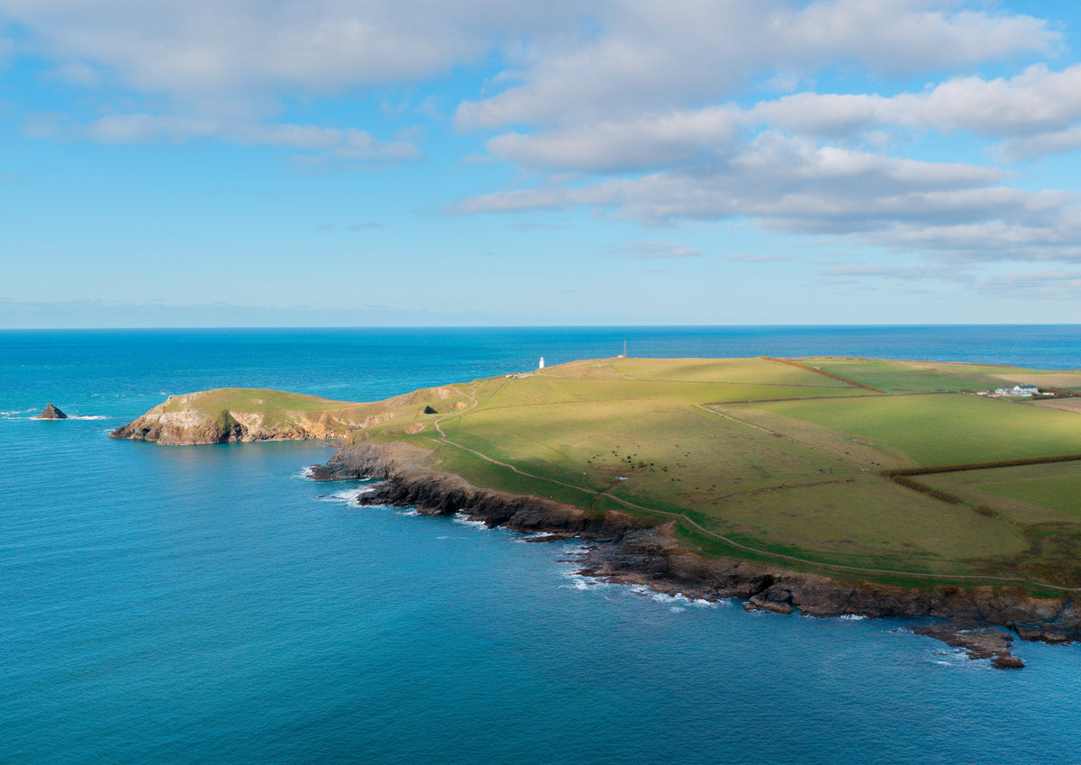 Trevose Head Lighthouse — Calm Atlantic, South View — centred A-series photograph, unframed print preview.