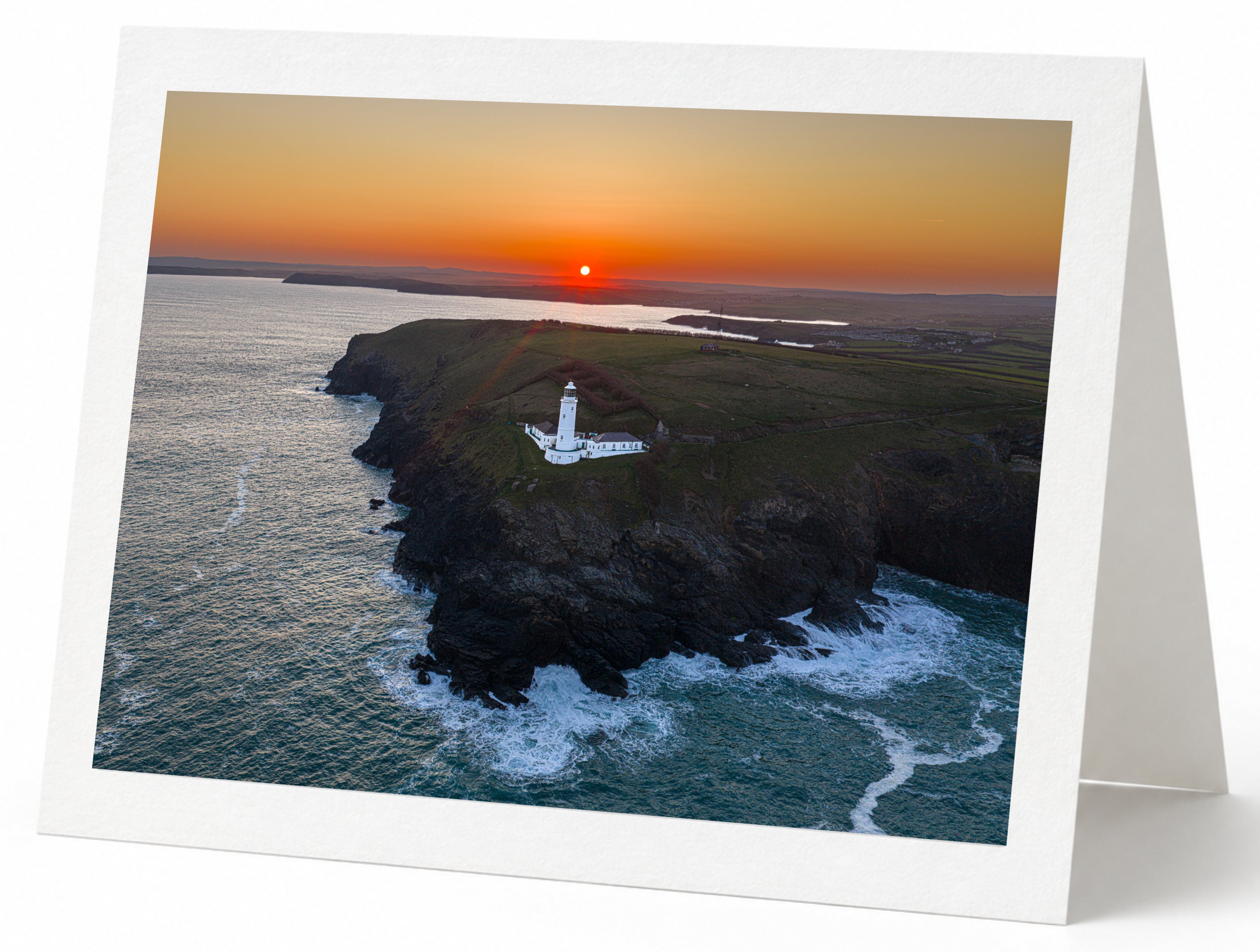 Premium A5 greeting card showing Trevose Head Lighthouse at sunrise in Cornwall