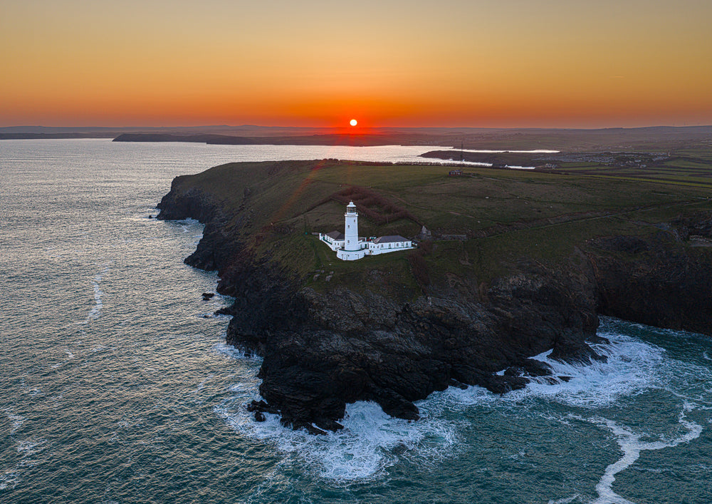 Trevose Head Lighthouse at Sunrise — aerial Cornwall photography print