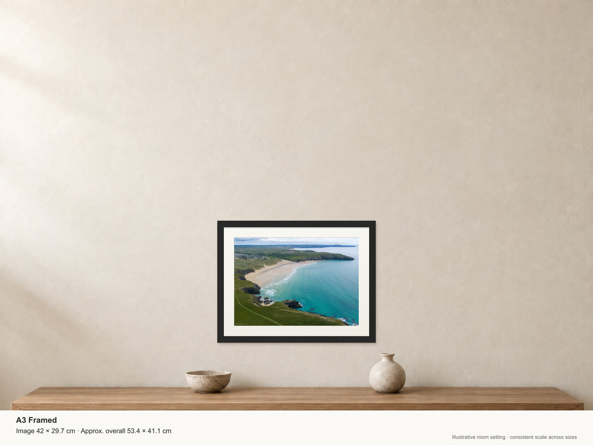 Holywell Bay — Looking South to Perranporth — A3 framed, 22mm black stained frame and 35mm mount. Illustrative room scale and dimensions.