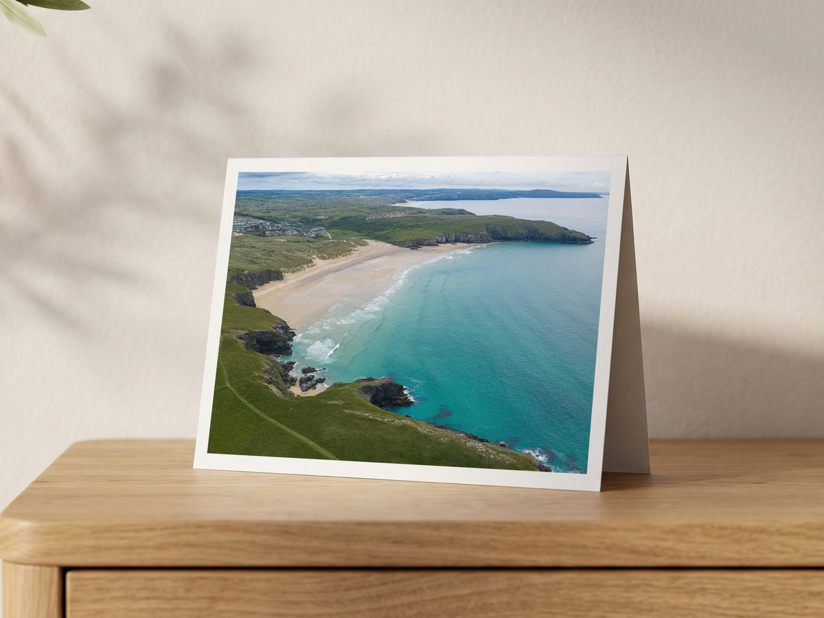 Premium A5 greeting card showing Holywell Bay looking south along the coast towards Perranporth