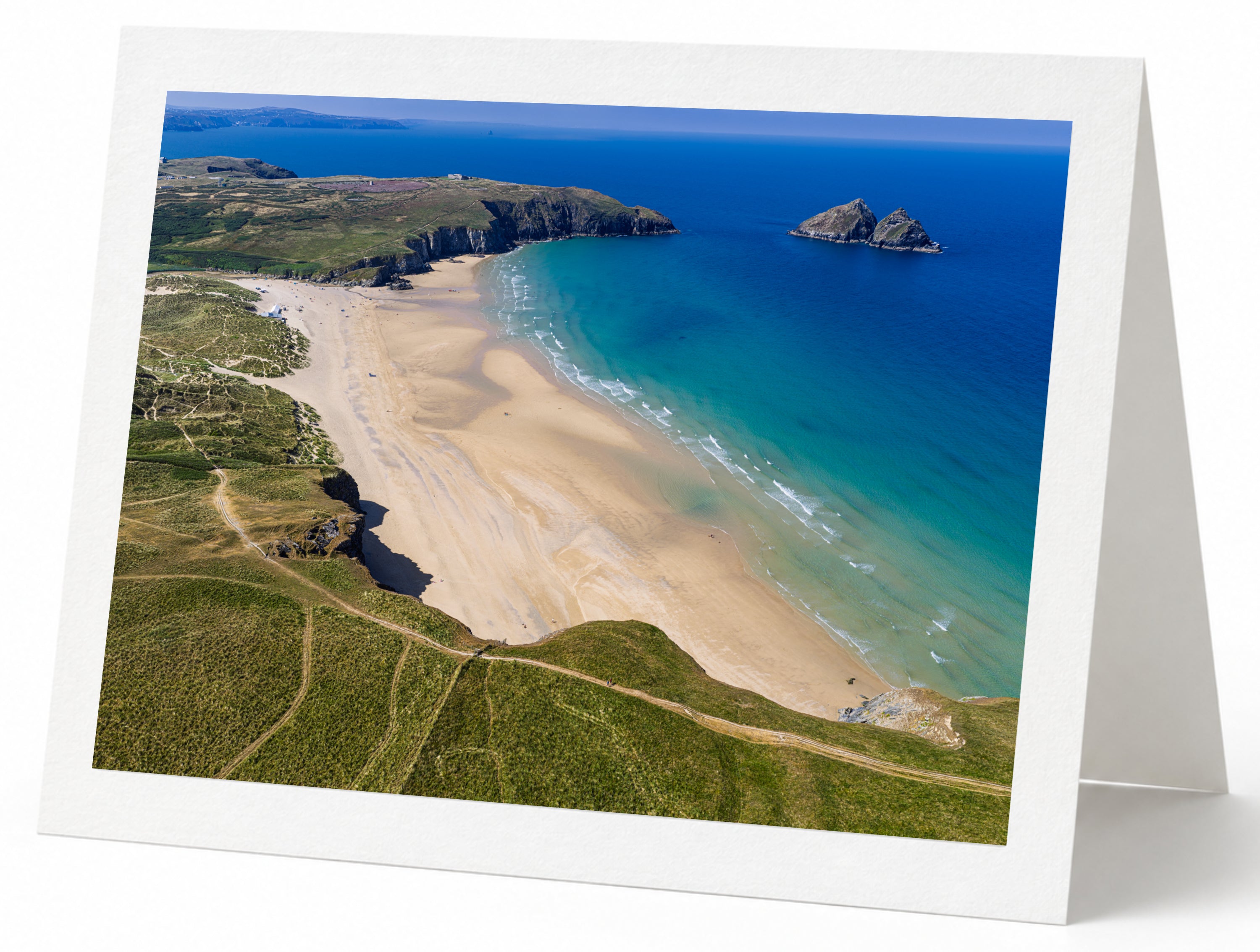Premium A5 greeting card showing Holywell Bay beach, dunes and Gull Rocks