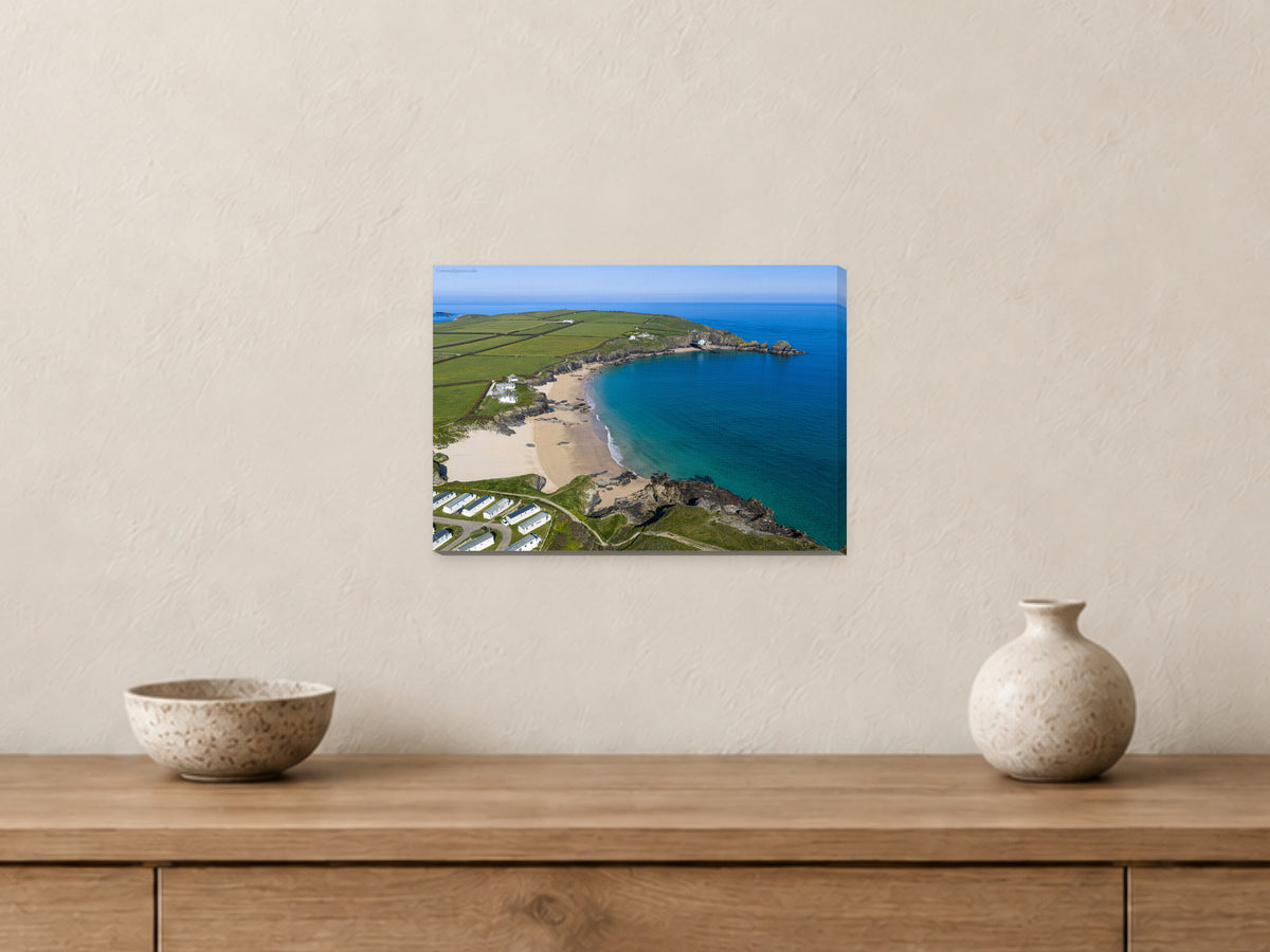 Mother Ivey’s Bay — Lifeboat Station & Atlantic Blues — A4 canvas, 22mm canvas with mirrored edges. Closer product view.