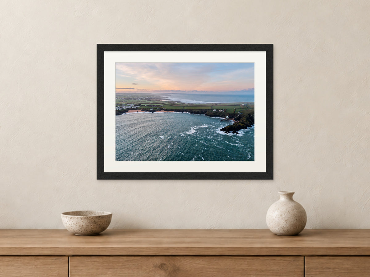 Sunrise at Mother Ivey’s Bay Toward Constantine & Newquay — A3 framed, 22mm black stained frame and 35mm mount. Closer product view.
