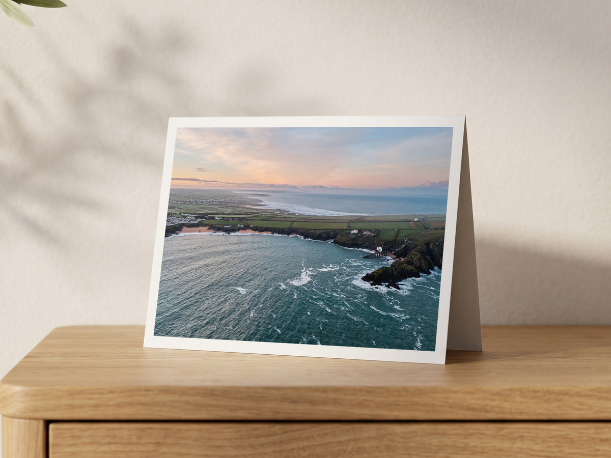 Premium A5 greeting card showing Mother Ivey’s Bay and the Padstow lifeboat station at sunrise