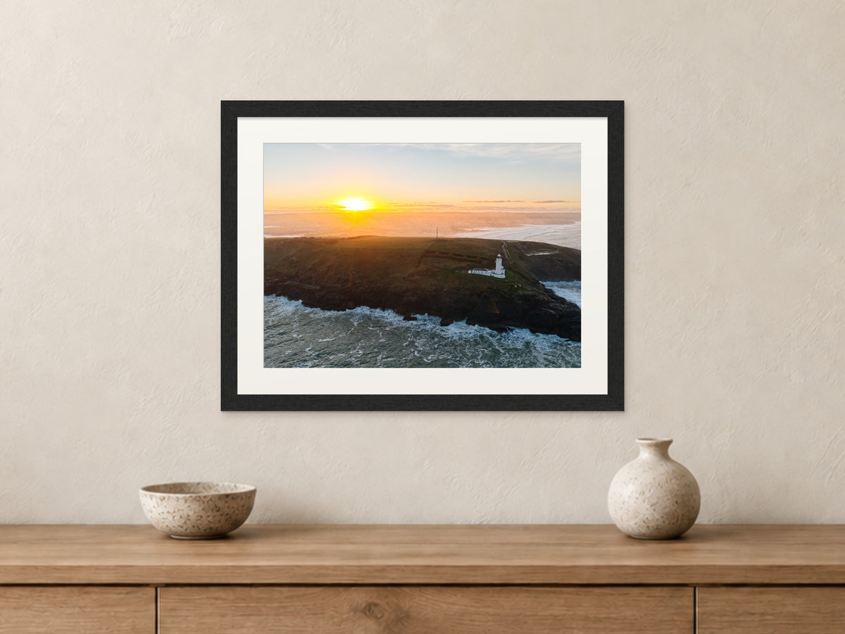Trevose Head Lighthouse — West View in Sea Mist — A3 framed, 22mm black stained frame and 35mm mount. Closer product view.