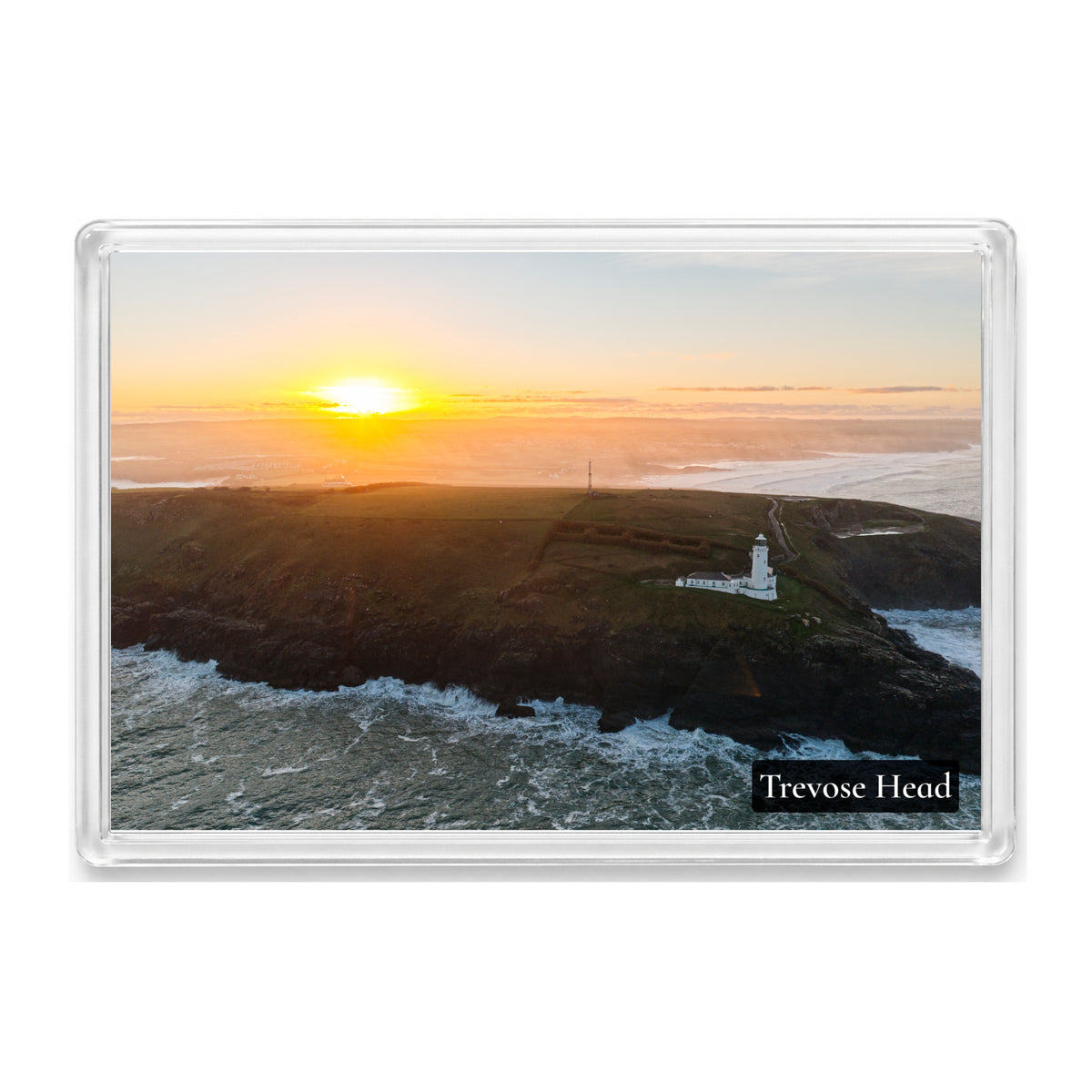 Trevose Head fridge magnet showing the lighthouse from the west softened by light coastal haze above the Atlantic