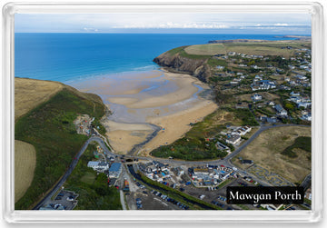 Mawgan Porth fridge magnet showing the low-tide beach, River Menalhyl, village and headlands