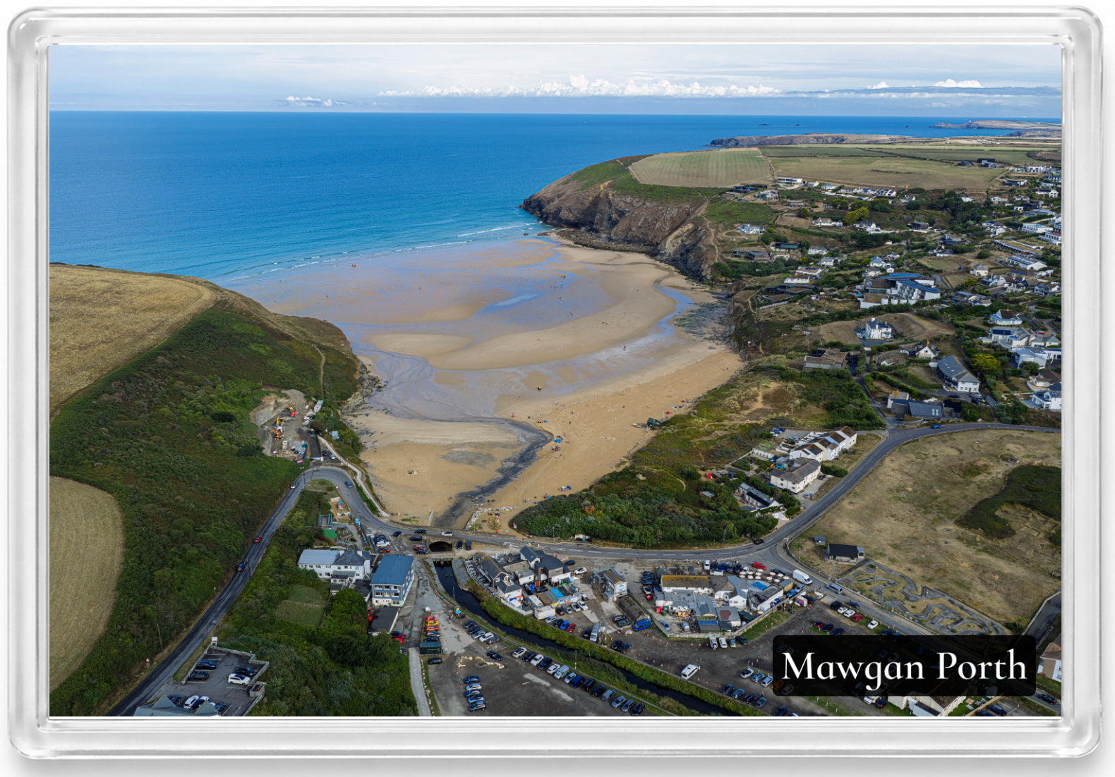 Mawgan Porth fridge magnet showing the low-tide beach, River Menalhyl, village and headlands