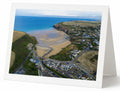 Premium A5 greeting card showing Mawgan Porth beach, village and headlands