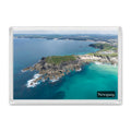 Newquay fridge magnet showing Towan Headland at low tide with turquoise shallows and the town beaches beyond