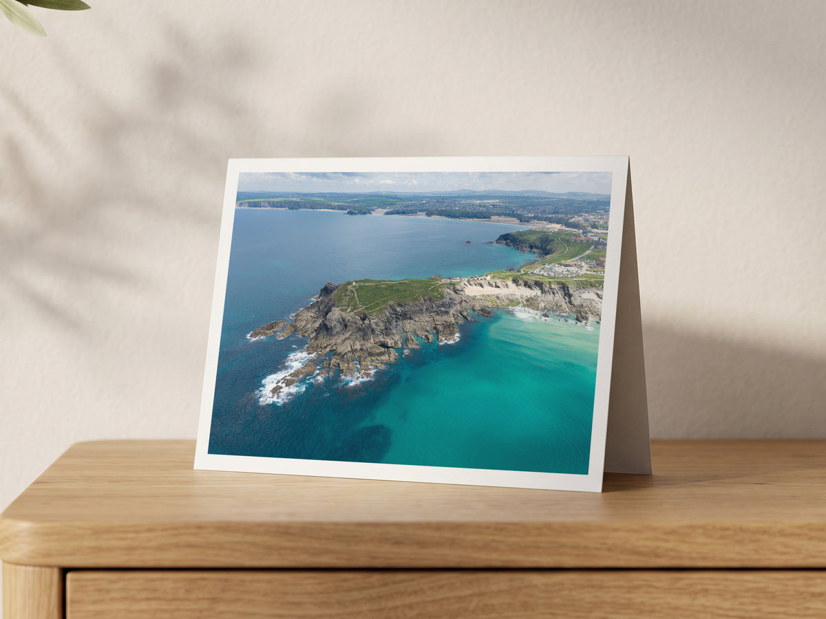 Premium A5 greeting card showing Towan Headland in Newquay with turquoise shallows at low tide
