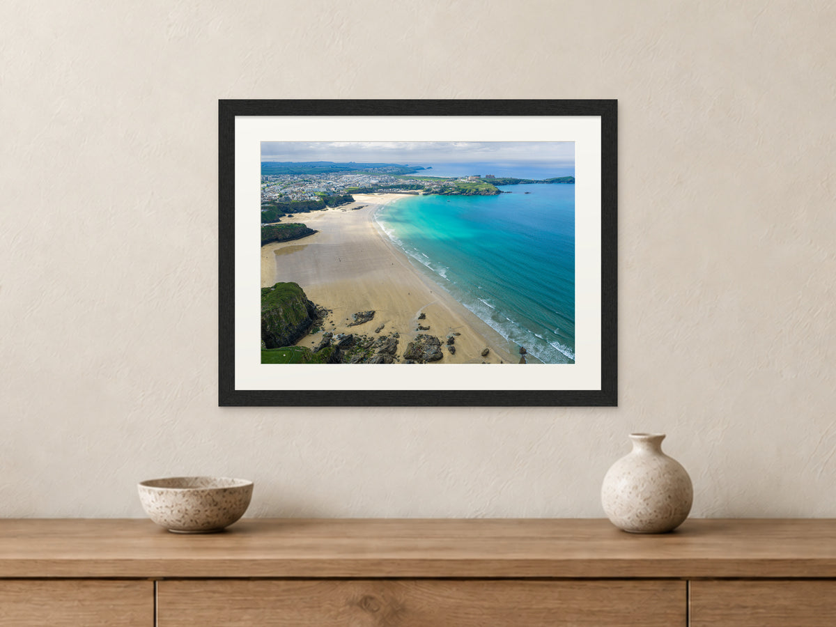 Newquay Town Beaches — Low Tide from Tolcarne — A3 framed, 22mm black stained frame and 35mm mount. Closer product view.