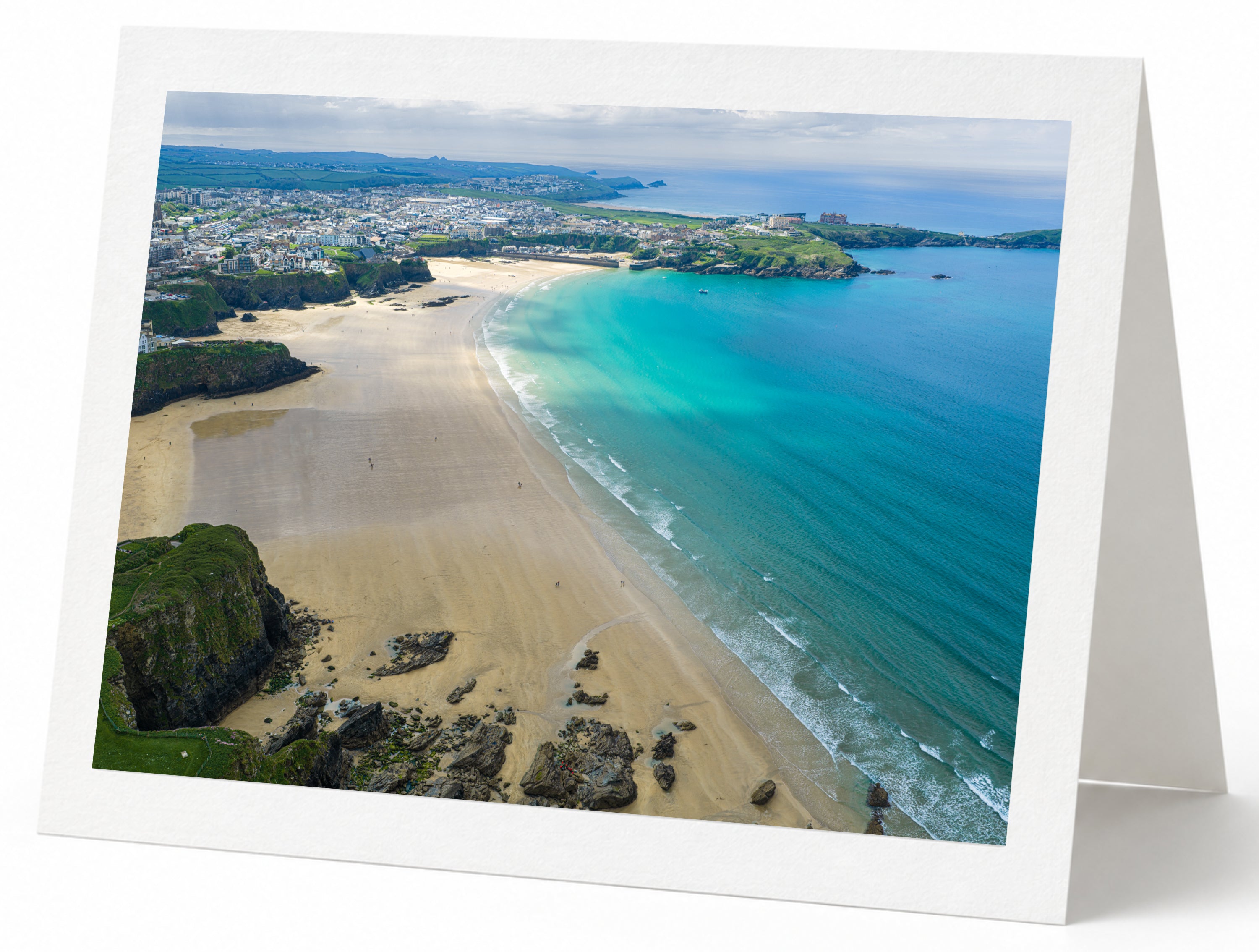 Premium A5 greeting card showing Newquay town beaches at low tide from Tolcarne