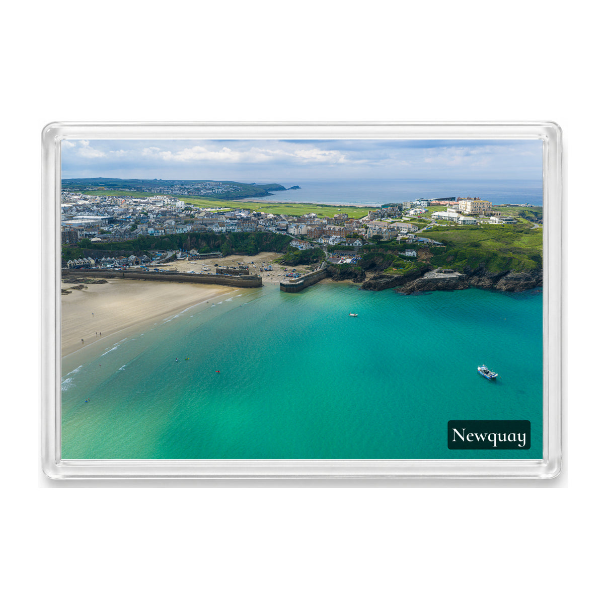 Newquay fridge magnet showing Newquay Harbour at low tide with turquoise shallows and Fistral in the background
