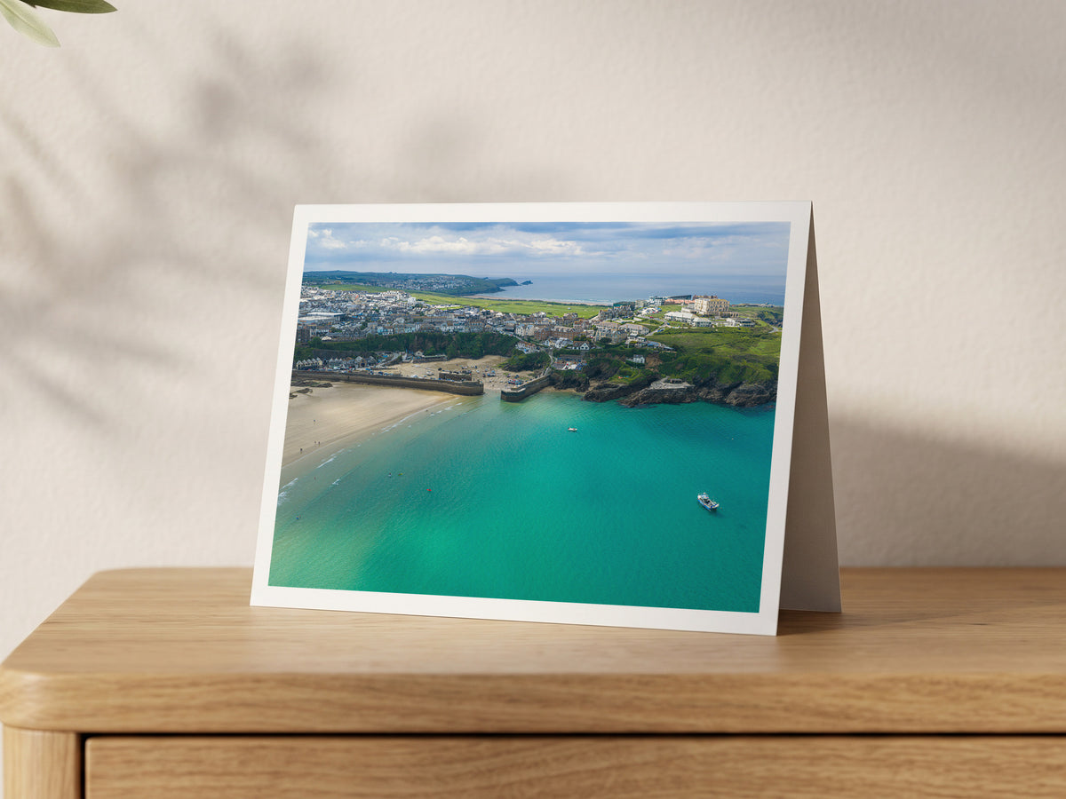 Premium A5 greeting card showing Newquay Harbour and turquoise shallows at low tide
