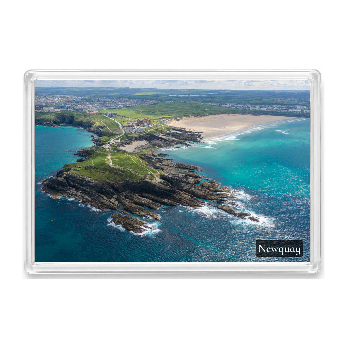 Newquay fridge magnet showing Towan Headland surrounded by turquoise water, with a lone kayaker and Fistral Beach beyond