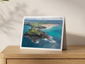 Premium A5 greeting card showing Towan Headland and Fistral Beach with a kayaker on clear water