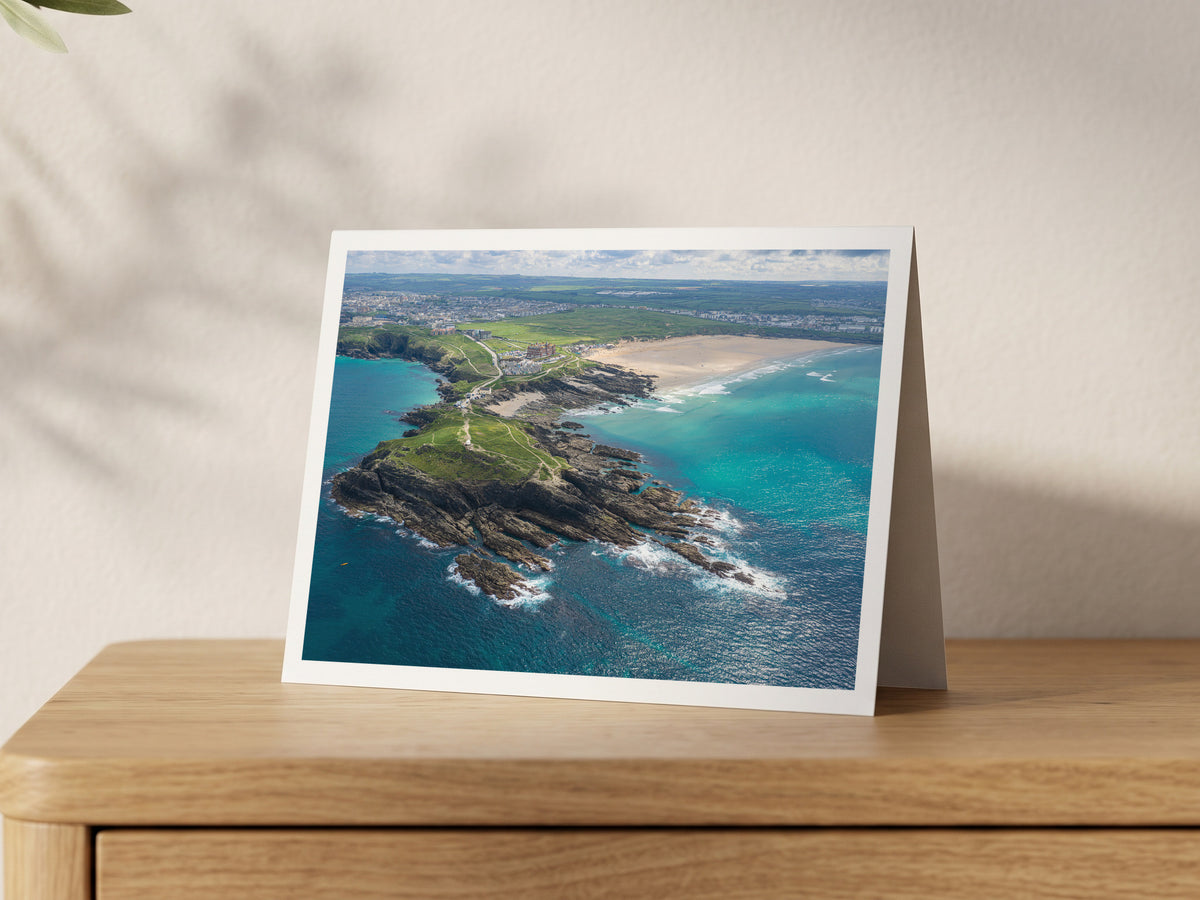 Premium A5 greeting card showing Towan Headland and Fistral Beach with a kayaker on clear water